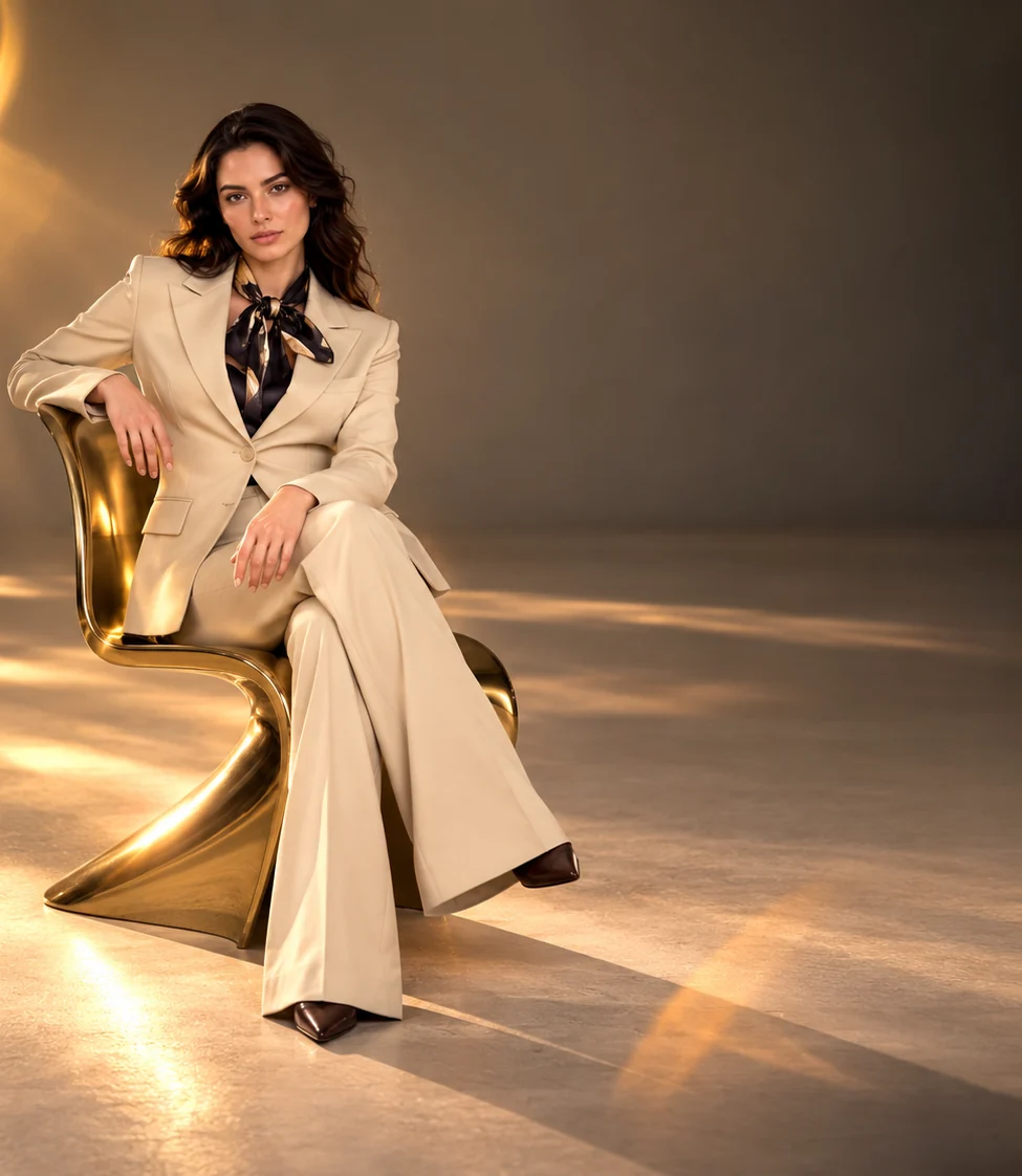 Modelo IVONNE con traje sastre color marfil en silla escultórica dorada